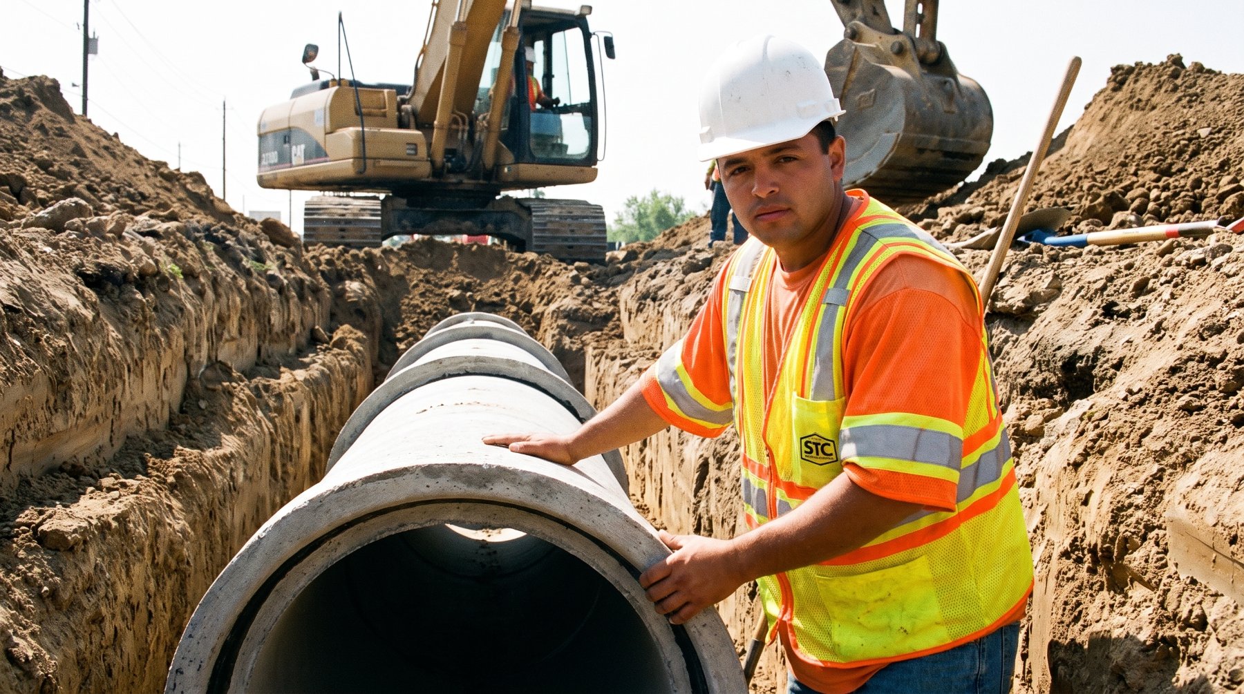 S. Thomas Construction crew member setting reinforced concrete storm pipe in an open trench.